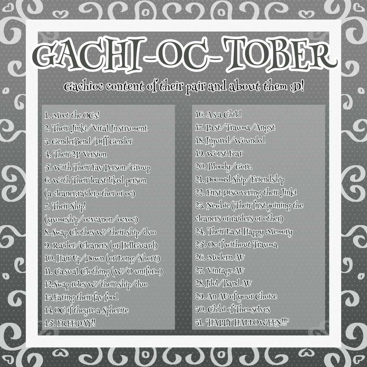 walten101's tweet photo. Well.. i may have planned a ArtTober for people who want to do it with their GachiOC soo Here :D!

Feel Free to have this Challenge! I hope you may enjoy and take interest 🌱
#gachiakutaoc #gachioc #gachiakuta (?) https://t.co/D2nTtJAZcu