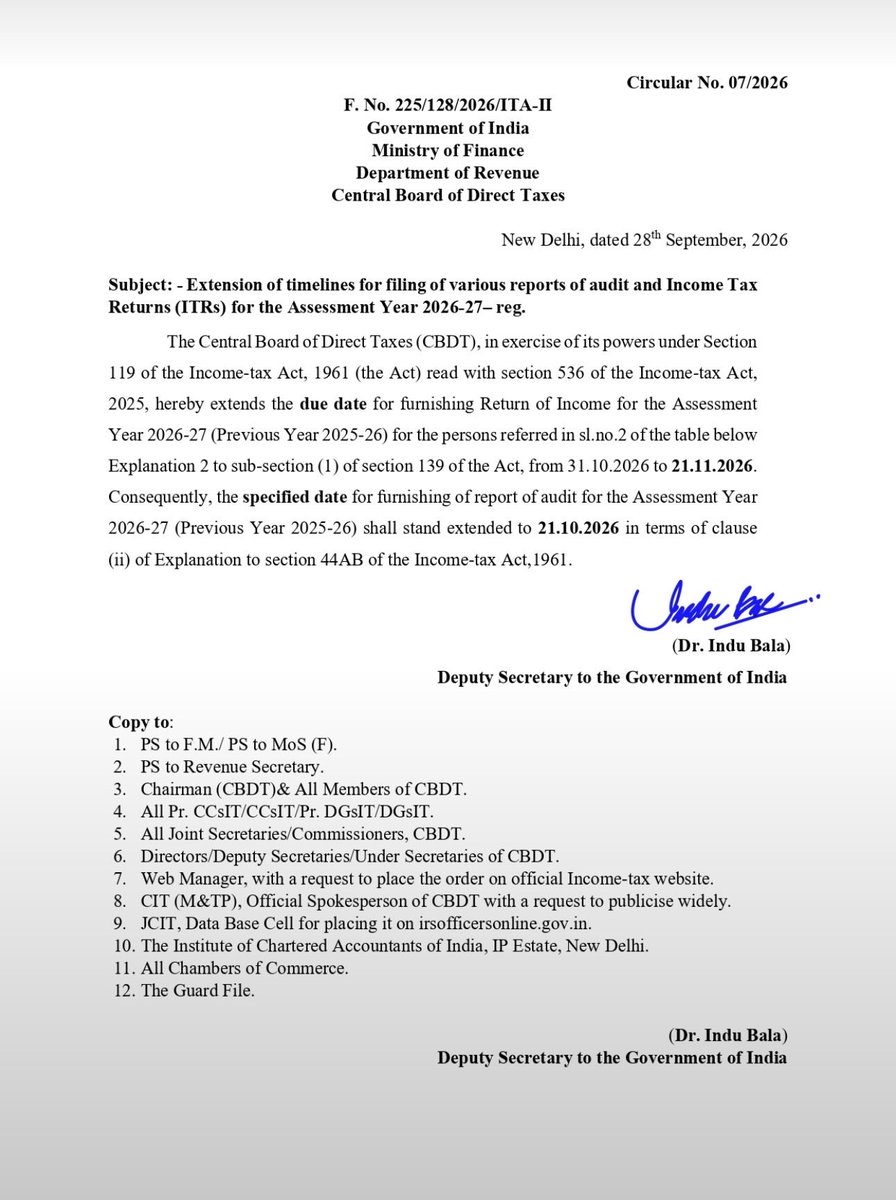 i_casaireddy's tweet photo. Finally, the extension is granted. But the question remains: why does the voice of Tax Professionals have to reach the Ministry of Finance and ICAI only at the eleventh hour? We deserve timely decisions, not last-minute relief. #TaxProfessionals https://t.co/Kjlu1j9UPU