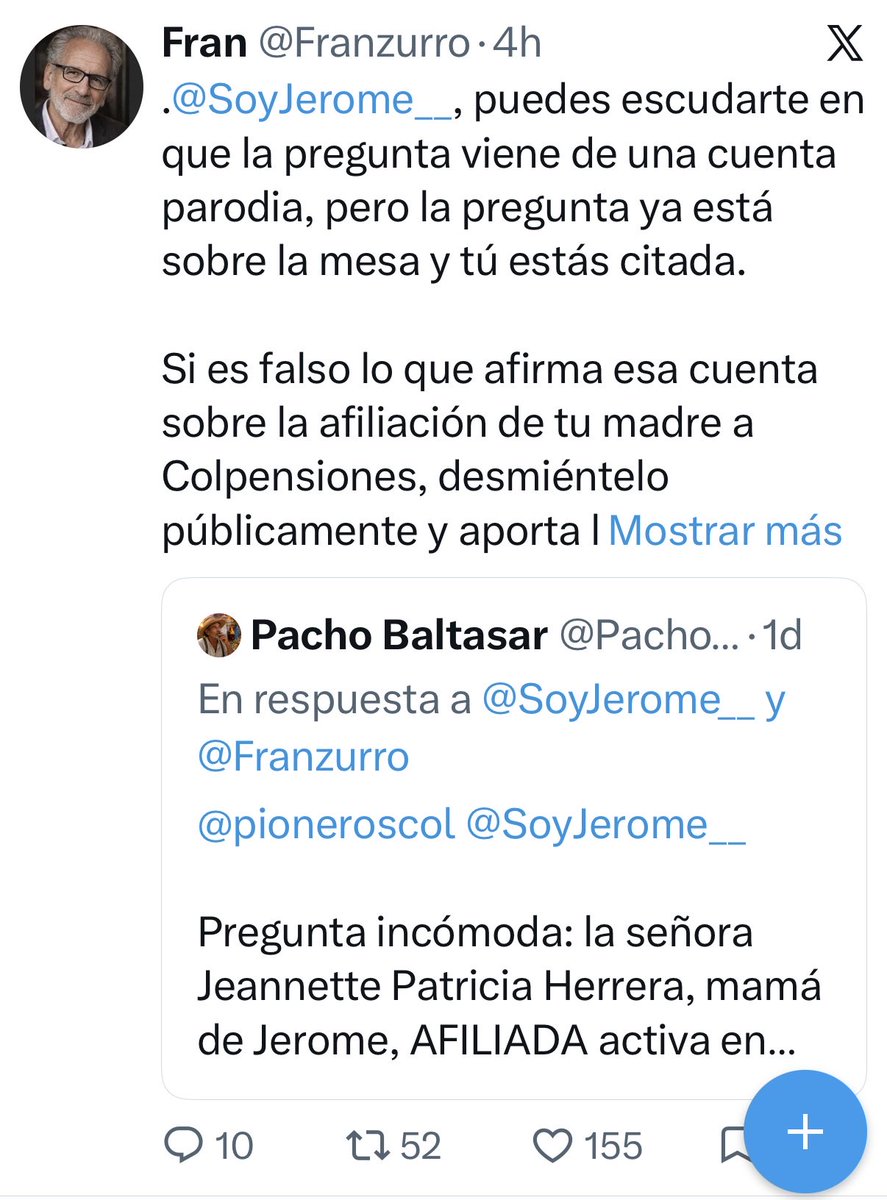 Franzurro's tweet photo. Álvaro, tus cuatro tuits nada tienen que ver con este tema. Nadie dice que pertenecer a Colpensiones sea un delito. Solo planteo una posible incoherencia entre la postura pública de la columnista y una información difundida por una cuenta parodia sobre su madre. Si es falso, basta con aclararlo. No estoy atribuyendo responsabilidades.