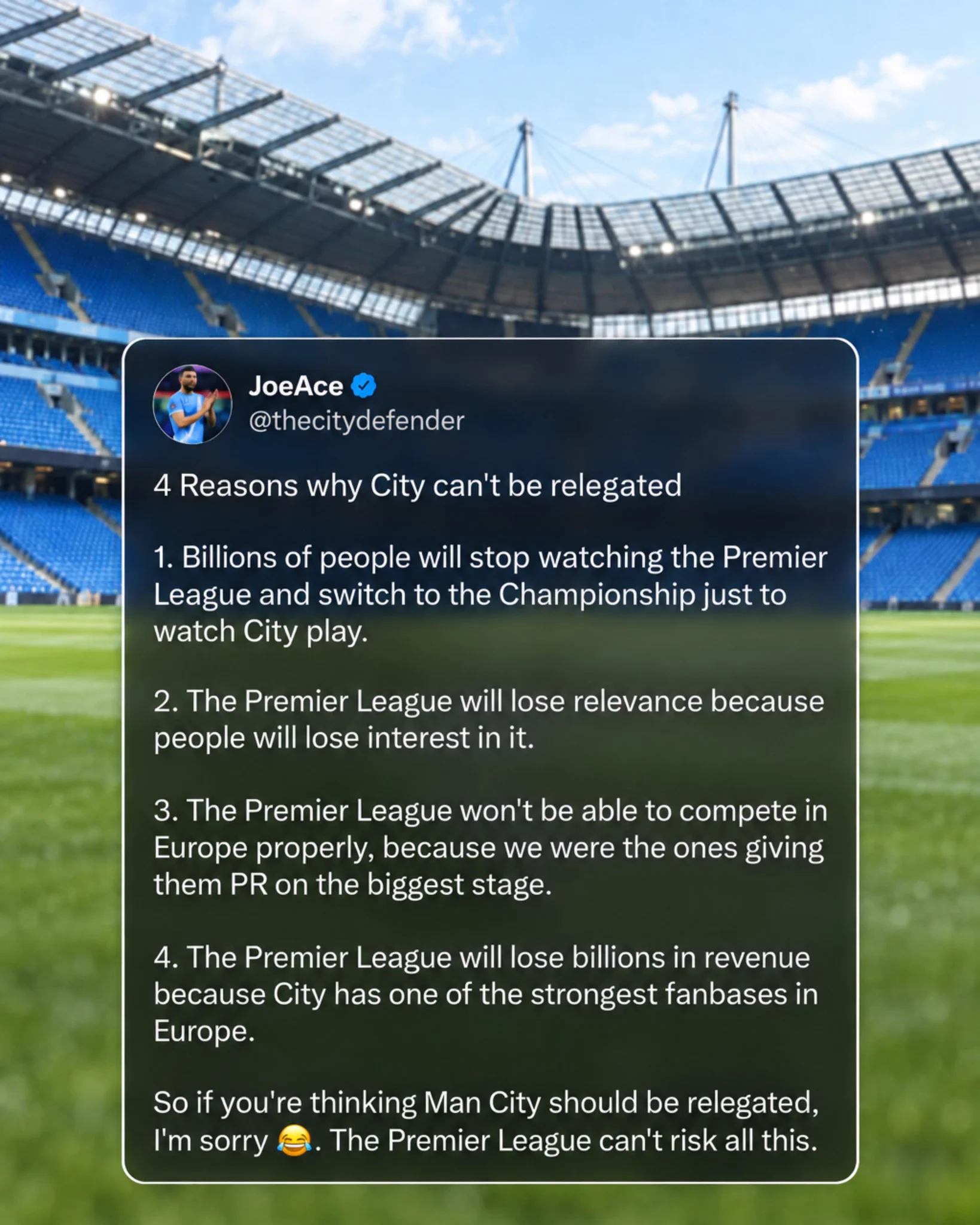𝕃 𝕚 𝕝 𝕪 on X: "Relegate City immediately. We'll have way more fun for ...