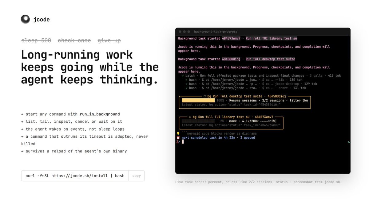 jcodesh's tweet photo. Your agent shouldn’t stop working just because a command takes time.

Jcode treats long-running development tasks as part of the workflow rather than an interruption.

Commands can run in the background while the agent continues thinking and working. Progress, checkpoints, status, inspection, cancellation, and completion can all be managed without forcing the entire session to wait.

That means a long test suite, build process, or other time-consuming command can keep running while the agent moves forward with the rest of the work.

Long-running work keeps going while the agent keeps thinking.