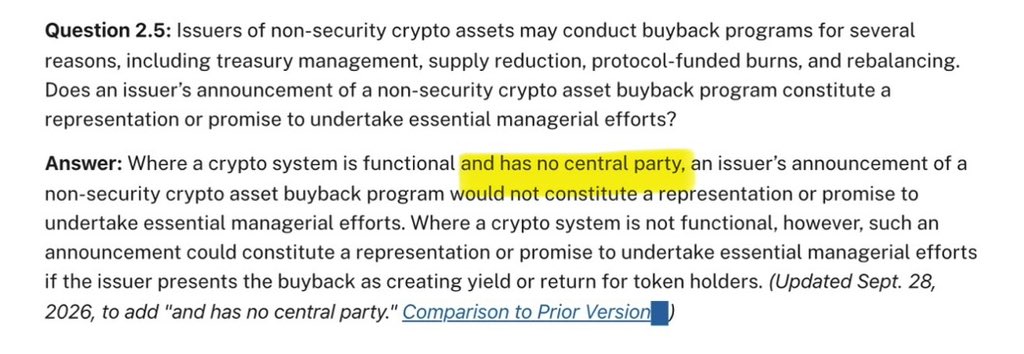 EleanorTerrett's tweet photo. 🚨NEW: The @SECGov just updated its crypto FAQ on token buybacks to add a stipulation that if there is no central party behind those token buybacks, then this arrangement likely does not constitute an investment contract. 

It comes following comments from @a16zcrypto General Counsel and Head of Policy @milesjennings last week that the prior wording could “empower an issuer to announce the buyback program without that announcement then creating an investment contract.”