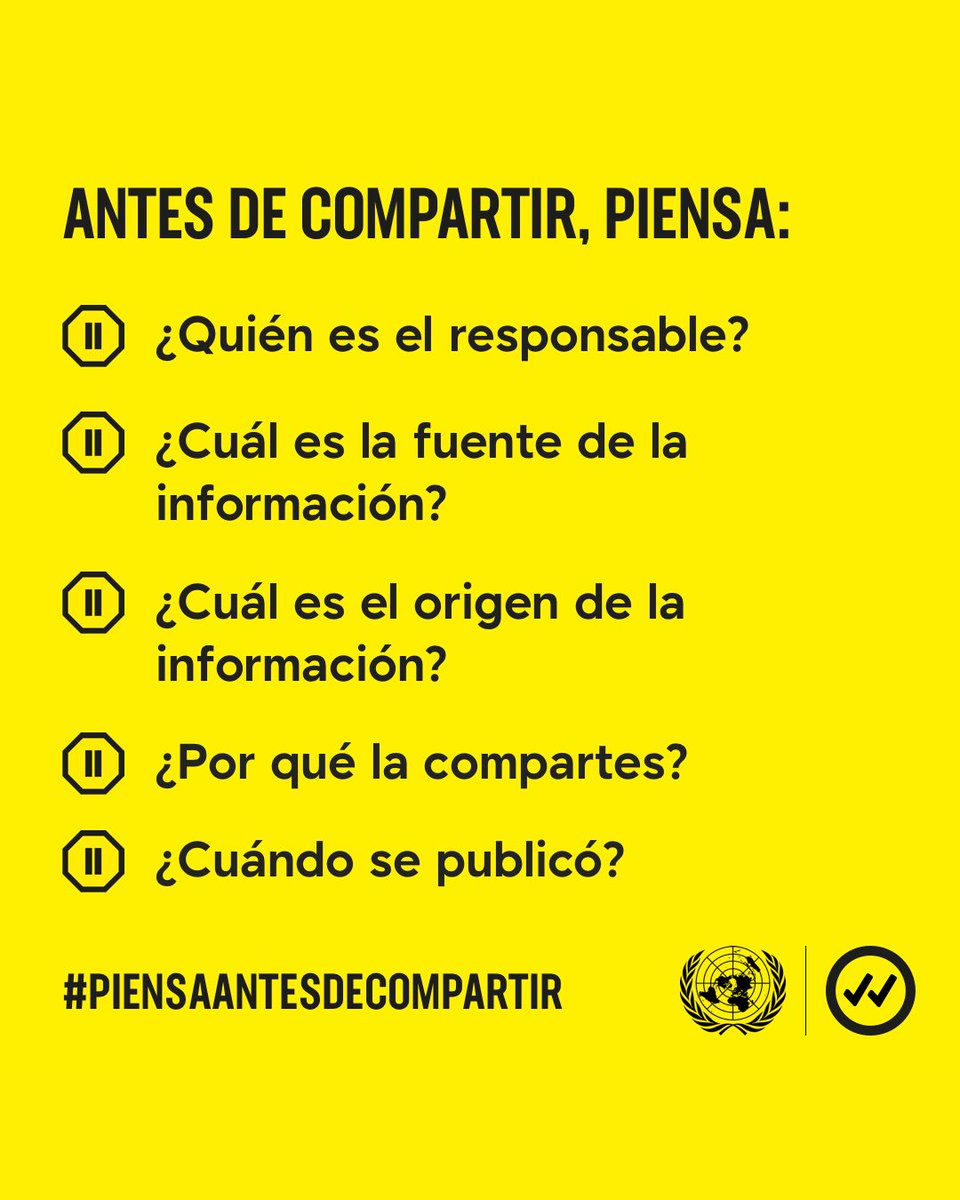 ONU_es's tweet photo. Lo que compartimos en línea puede tener consecuencias reales.

Antes de hacer clic en «compartir»:
🔎 Verifica los datos.
❓ Hazte preguntas.
📖 Consulta fuentes confiables.

En este Día Internacional del Acceso Universal a la Información, recuerda: verificar y compartir responsablemente también es proteger.

La desinformación se propaga rápido. La verdad también. Ayúdanos a difundirla.