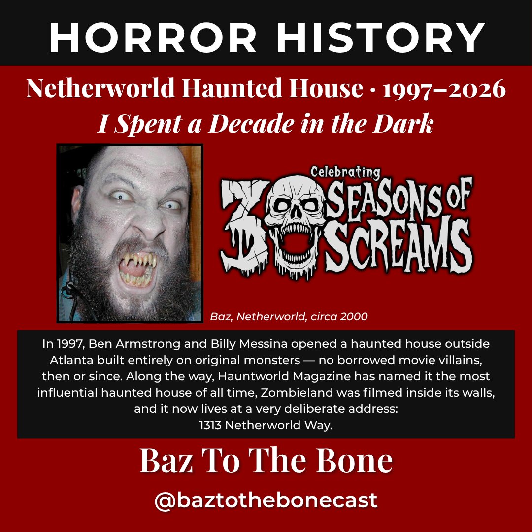 baztothebonepod's tweet photo. Netherworld Haunted House turns 30 this season. Original monsters only since 1997, Zombieland shot inside, and an address of 1313 Netherworld Way. I spent ten of those seasons in the dark. More next week. #Netherworld #HorrorPodcast @hauntedatlanta https://t.co/tUFFacRTFa