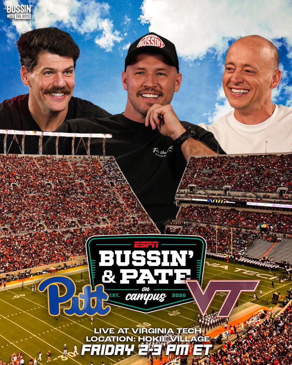 BussinWTB's tweet photo. 🚨 BUSSIN’ &amp; PATE ON CAMPUS: WEEK 5 🚨

We’re headed to BLACKSBURG, VIRGINIA 🏈

Bussin’ &amp; Pate are LIVE at Virginia Tech for Pittsburgh vs. Virginia Tech

📍 Hokie Village
📅 Friday
⏰ 2–3 PM ET
📺 LIVE on ESPN

SEE YOU THERE 🦃🔥 https://t.co/PSBIjFZXNI
