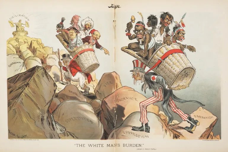 emadelalem's tweet photo. White man’s burden 
ظهر المصطلح الاستعماري "عبئ الرجل الأبيض" أول مرة في قصيدة لروديارد كيبلينغ، المؤمن بأن على الأوروبيين البيض تمدين وحضرنة شعوب الدول المستعمرة البدائية.
اشتهر المصطلح بسبب رسومات لفريدريك جيلم الذي رسم أكثر الرسومات الكاريكاتيرية عنصرية بعنوان عبئ الرجل الأبيض https://t.co/BIuC7ZQbhK