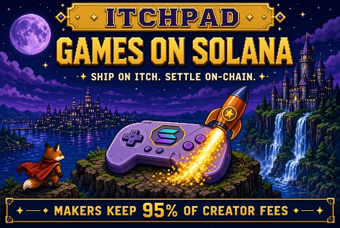 itchpad's tweet photo. GAME DEV ON SOLANA.

The game still ships on https://t.co/jZiB1HewWq. The token lives on Solana, on https://t.co/fzeZWTUncQ.

That split is the product: page and players on itch. fees and discovery on-chain.

Itchpad creates the wallet, sets the 95/5 split at launch, and pays the developer automatically. You do not need to be a chain native to keep the cut.

Made for makers. 

Built for the long game.
https://t.co/yWLLLmr4sn