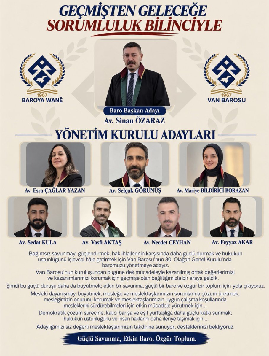 avsoz's tweet photo. Bağımsız savunmayı güçlendirmek, hak ihlallerinin karşısında daha güçlü durmak ve hukukun üstünlüğünü işlevsel hâle getirmek için Van Barosu’nun 30. Olağan Genel Kurulu’nda baromuzu yönetmeye adayız.

@mariyebldrc @Av_caglaryazan @sedatkula65 @AvvaLaw @AvNecdetCEYHAN https://t.co/MGn6Cnl5U8