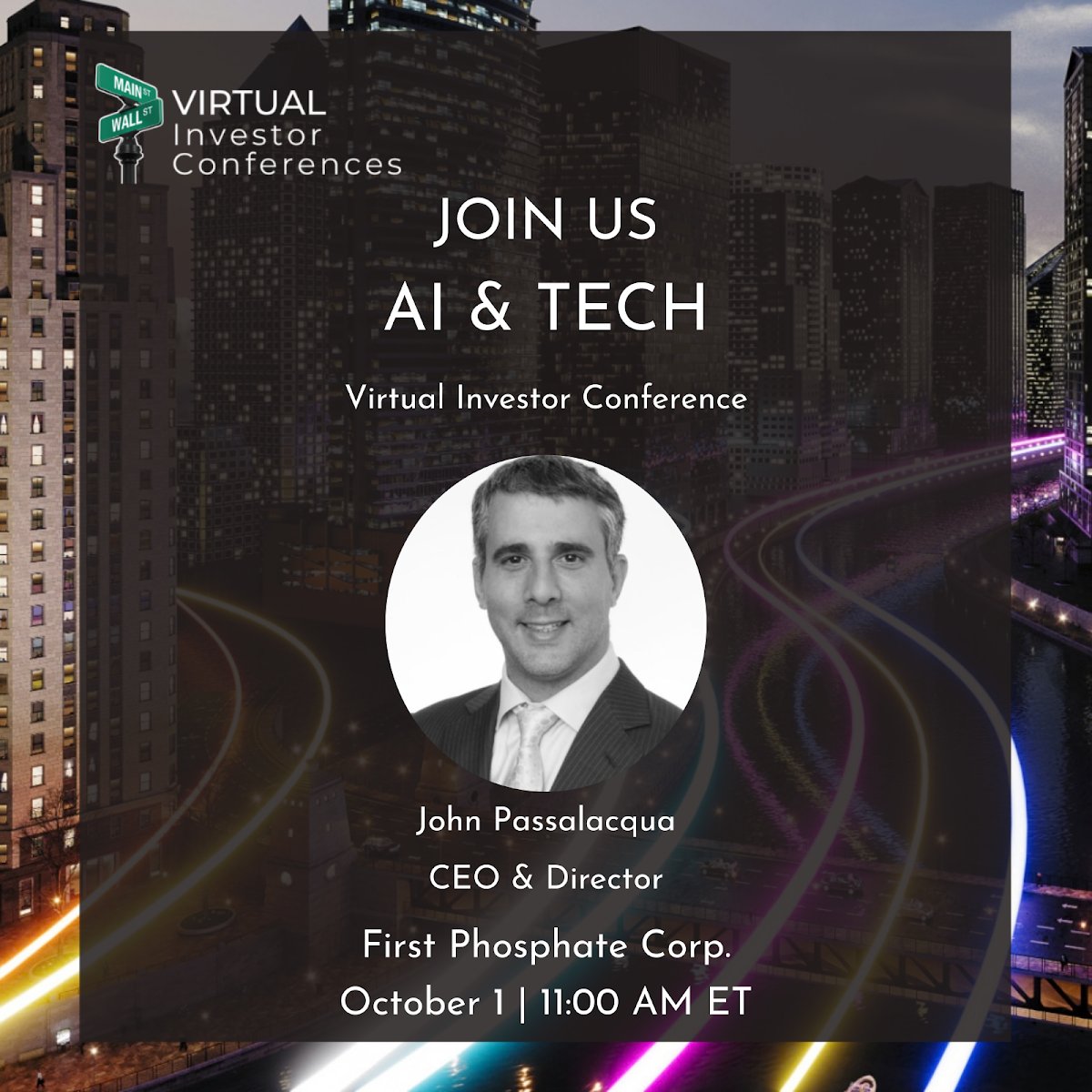 FirstPhosphate's tweet photo. 📢 This Thursday, October 1st at 11:00 AM ET, First Phosphate presents at the AI & Technology Virtual Investor Conference.

👉 Free registration: https://t.co/fnvCM0K3Hu

CEO John Passalacqua will share First Phosphate’s vision for a secure, North American supply of high-purity igneous phosphate to serve the rapidly expanding LFP battery sector and broader energy storage market.

@OTCMarkets

CSE: $PHOS.CN | NASDAQ: PHOS | OTCQX: $FRSPF | FSE: $KD0

#CriticalMinerals #LFPBatteries #EnergyStorage #VirtualInvestorEvent #VirtualInvestorConference