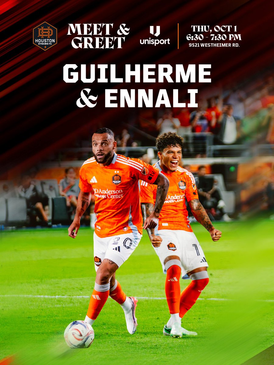HoustonDynamo's tweet photo. Guilherme &amp; Ennali meet &amp; greet this week 🤝

⁉️ Q &amp; A session with the players
🤩 Free customizations to customers purchasing home or away kit
🎟️ Raffles &amp; prizes throughout the event
📍 Unisport (9521 Westheimer Road) https://t.co/FGYNQNHGVs