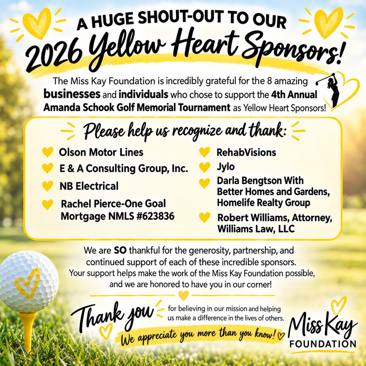 MissKFoundation's tweet photo. Thank you, Yellow Heart Sponsors. #sponsors #golf #golftournament #nonprofit https://t.co/KhvdKEtCTk