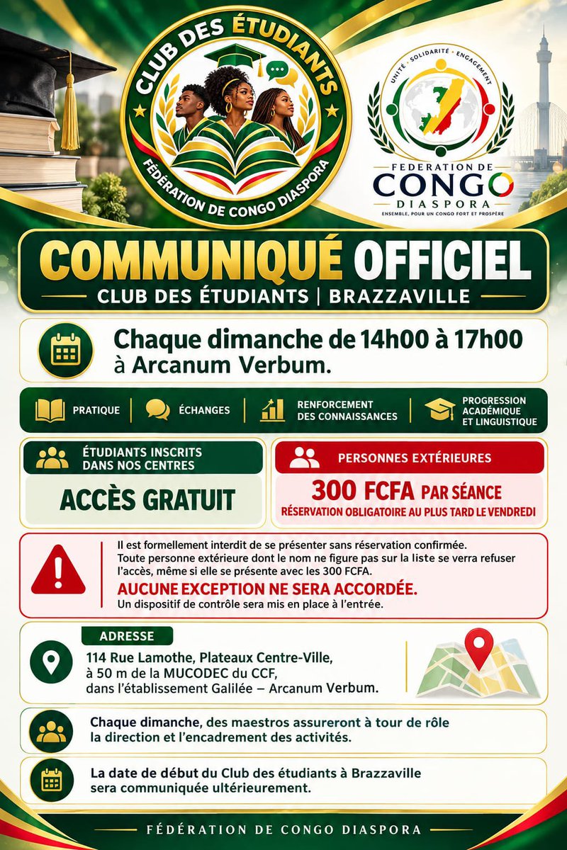 FediCongo_'s tweet photo. ⚠️ CONTRÔLE D’IDENTITÉ OBLIGATOIRE POUR LES PARTICIPANTS EXTÉRIEURS

#FederationDeCongoDiaspora
#LeLeadershipDeTadde
#Congo
#PointeNoire
#Brazzaville
#Dolisie 
#Nkayi https://t.co/ruIg2rQORz