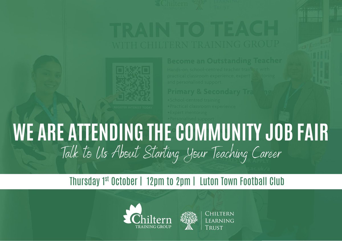 CTGtraining's tweet photo. Change lives, including your own. 🍎

Ever thought about teaching? Drop by our stand for free, no-pressure advice on training pathways, funding and flexible options for any background.

📍 Luton Town FC Job Fair

📅 Thu, 1st Oct | 12:00 PM - 2:00 PM

🎟️ FREE entry https://t.co/SidYLdvczf