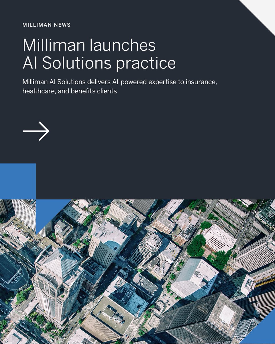 millimaninsight's tweet photo. Milliman launches Milliman AI Solutions Practice.

Today, we're announcing the launch of #MillimanAISolutions, a designated practice designed to work alongside Milliman’s existing insurance, #healthcare, and employee benefits teams to deliver transformative artificial intelligence solutions to the markets they serve. 

Details in the full press release: https://t.co/Dg4TVXeRLV

#Milliman #Insurance #Actuaries #AI