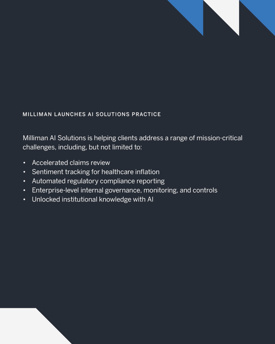 millimaninsight's tweet photo. Milliman launches Milliman AI Solutions Practice.

Today, we're announcing the launch of #MillimanAISolutions, a designated practice designed to work alongside Milliman’s existing insurance, #healthcare, and employee benefits teams to deliver transformative artificial intelligence solutions to the markets they serve. 

Details in the full press release: https://t.co/Dg4TVXeRLV

#Milliman #Insurance #Actuaries #AI