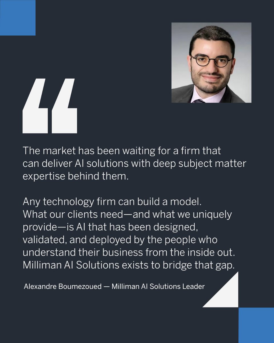 millimaninsight's tweet photo. Milliman launches Milliman AI Solutions Practice.

Today, we're announcing the launch of #MillimanAISolutions, a designated practice designed to work alongside Milliman’s existing insurance, #healthcare, and employee benefits teams to deliver transformative artificial intelligence solutions to the markets they serve. 

Details in the full press release: https://t.co/Dg4TVXeRLV

#Milliman #Insurance #Actuaries #AI