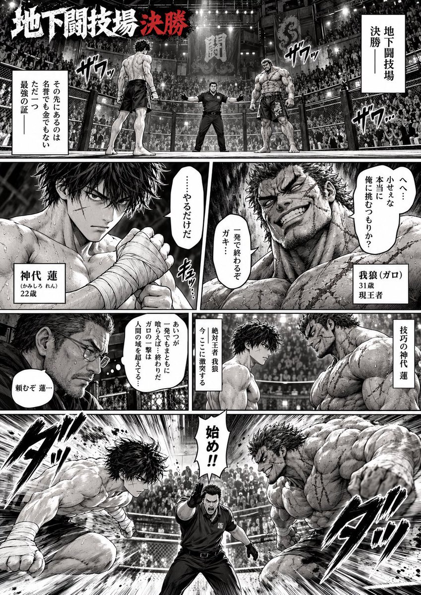 taruo's tweet photo. チャッピー、おまえいつの間に漫画描けるようになってたんだ？

「格闘漫画を4ページ生成して。読者が気になるシーンを中心に」と指示した結果がこれ https://t.co/Tf5rM3IzII