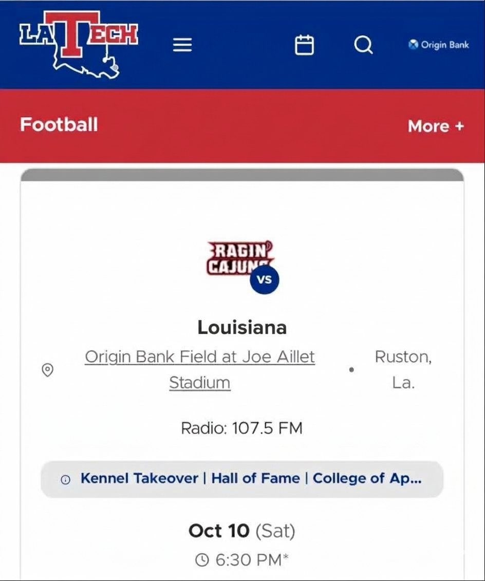 UofLouisiana's tweet photo. La tech Website shows game time next week for 6:30 PM.  OCT 10th. https://t.co/5rhWGo5fdd