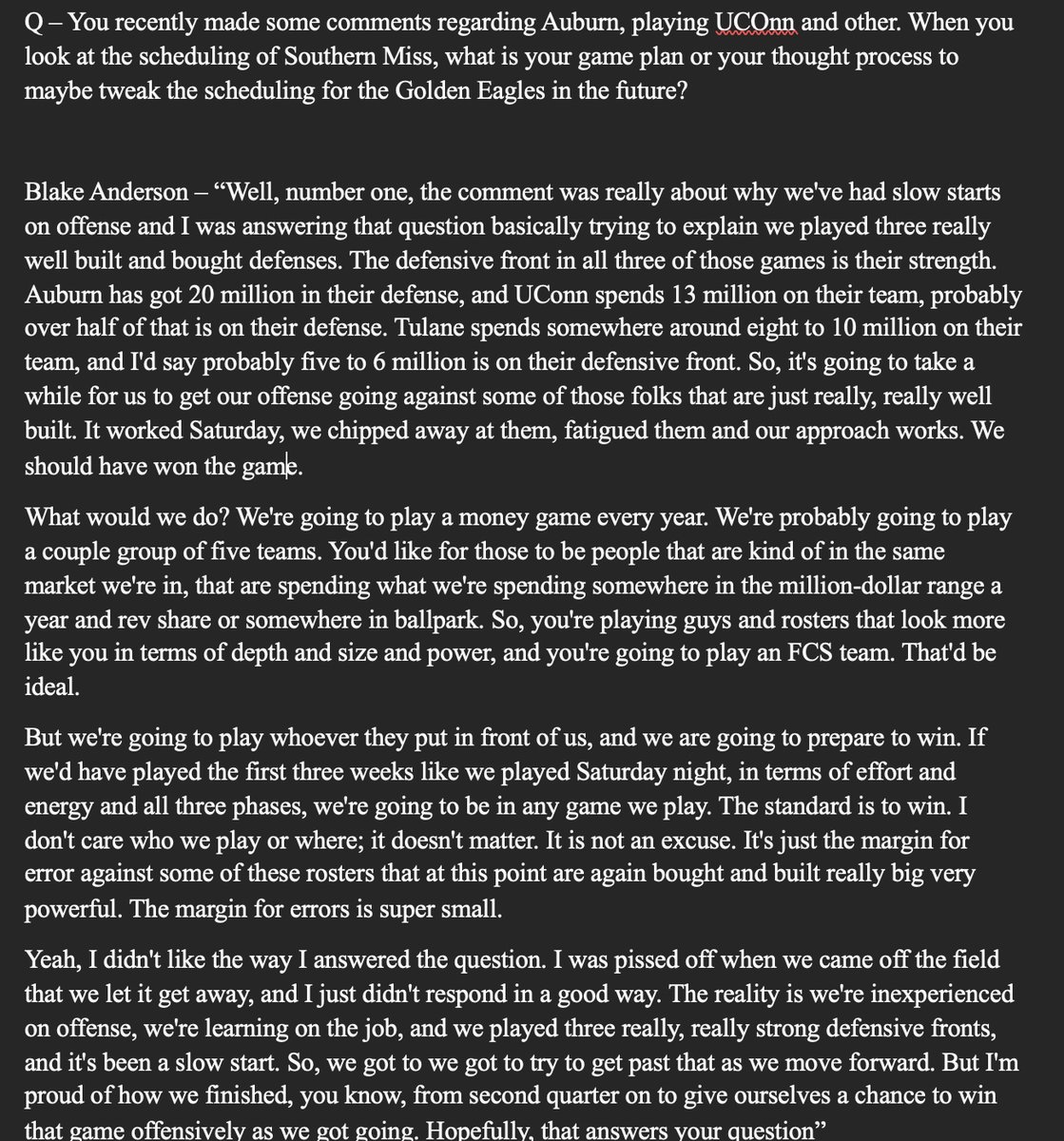 dima_mixon's tweet photo. Blake Anderson was asked about his comments after the game against Tulane. 

"I didn't like the way I answered the question. I was pissed off when we came off the field that we let it get away, and i just didn't respond in the right way," 

Here was his full response: https://t.co/evxZl665km