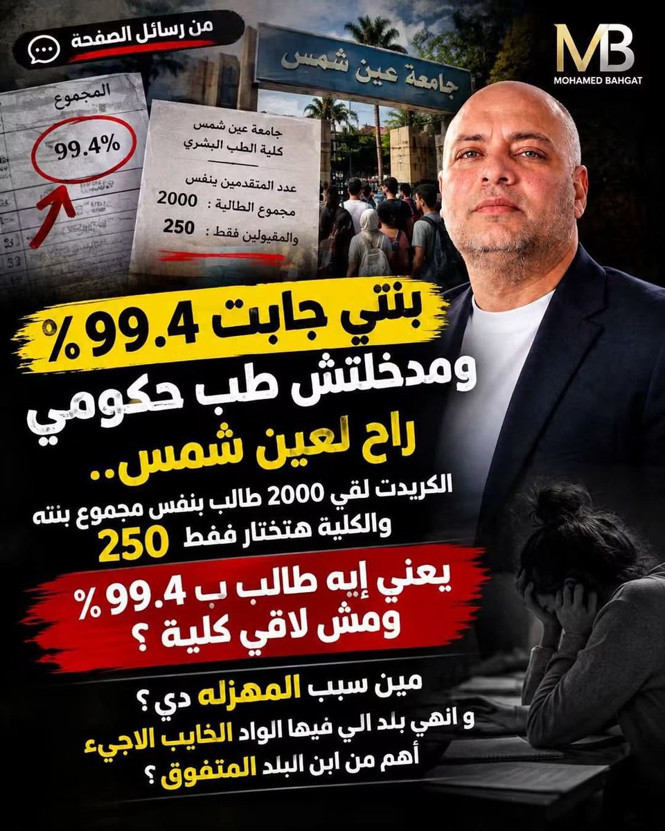 y7ea__y7ea__'s tweet photo. ازاي مصري وحاصل علي اكثر من ٩٩% ولا يجد مكان في الطب حتي لو حاصل علي الثانويه من الخارج حقه يدخل جامعات بلده ! هذه بلده وهو اولا وليس الوافد ؟؟ الوافد بيدخل باقل مجموع وابن البلد لا يجد مكان !! لاول مره نسمع هذا الكلام!! لا تقتلوا الانتماء في نفوس الشباب https://t.co/W55tTiD7Ns