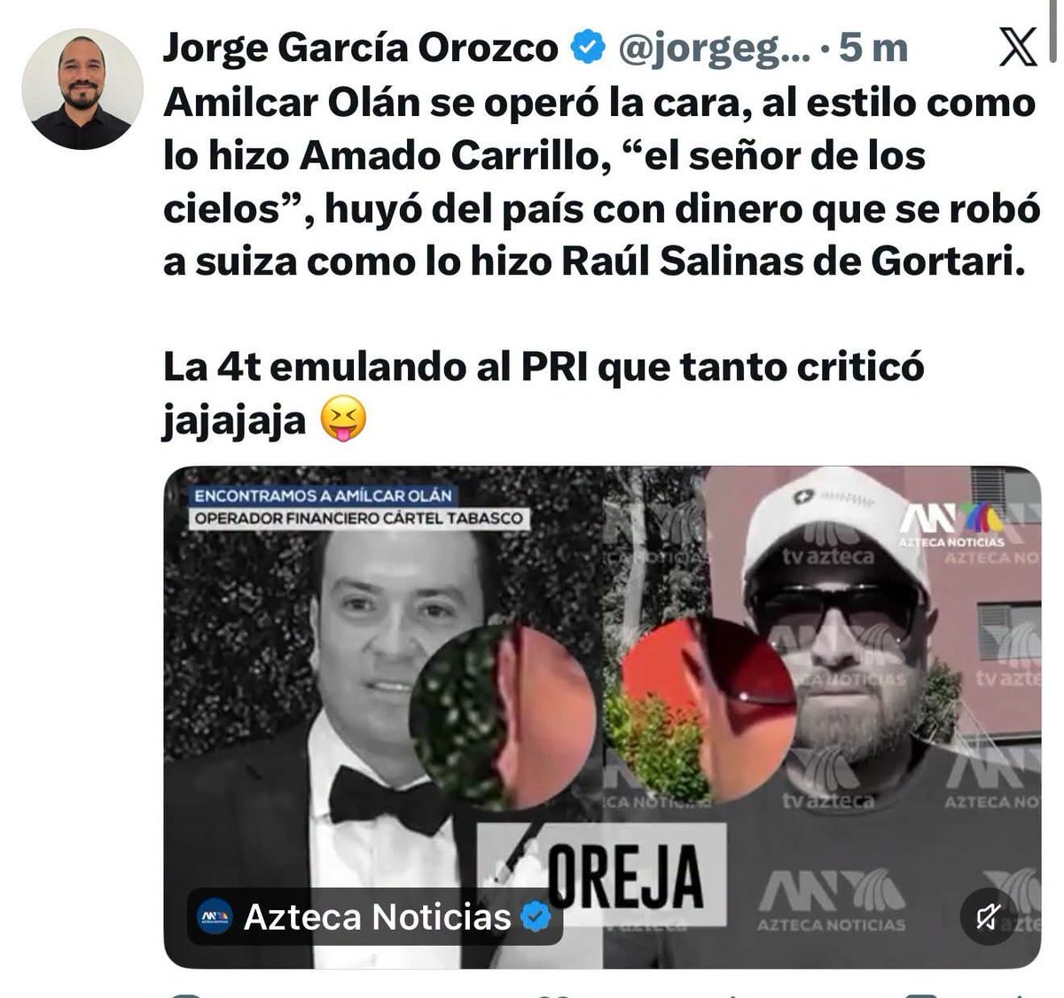 jose_anton's tweet photo. Amilcar Olán el prestanombres de “Andy”, se operó la cara, al estilo como lo hizo Amado Carrillo, “el señor de los cielos”, huyó del país con dinero que se robó a suiza como lo hizo Raúl Salinas de Gortari.

La 4t emulando al PRI que tanto criticó jajajaja 😝 https://t.co/Liw66kIFRI