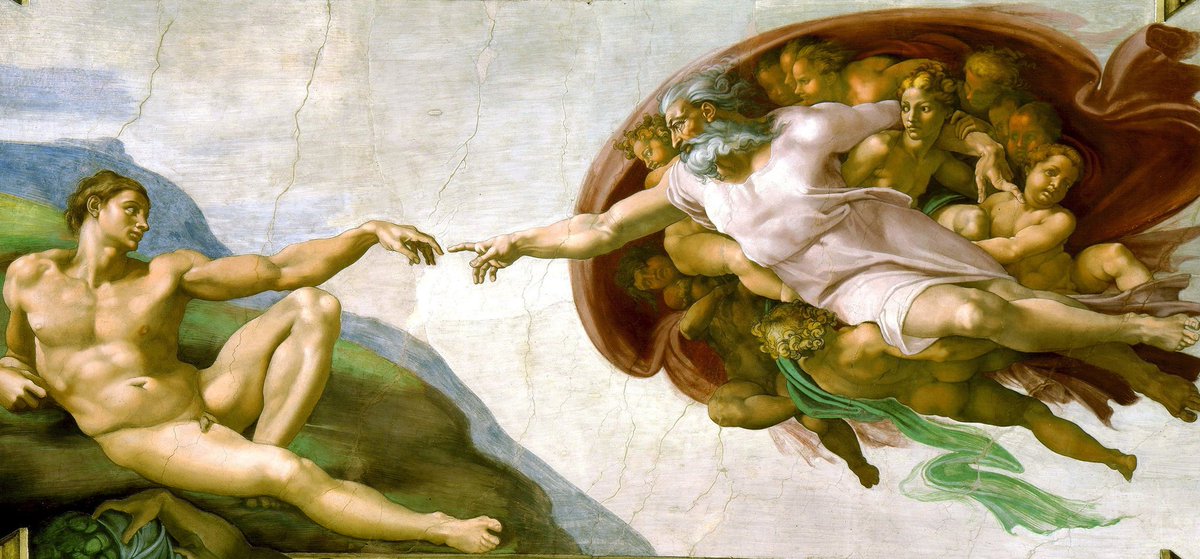 ArtGuide_db's tweet photo. Michelangelo
The Creation of Adam, c. 1511

Anatomically perfect

Look at the red shroud around God. It’s an anatomically perfect cross-section of the human brain.

​Michelangelo secretly dissected corpses to study anatomy.

The lesson? By mirroring God within the anatomy of the brain, Michelangelo suggests that human intellect and creativity are the true reflections of the divine.