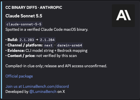 LuminaBench's tweet photo. 🚨 Claude Sonnet 5.5 spotted in Claude code binary

Launch is imminent now https://t.co/7O9Q05M1U9