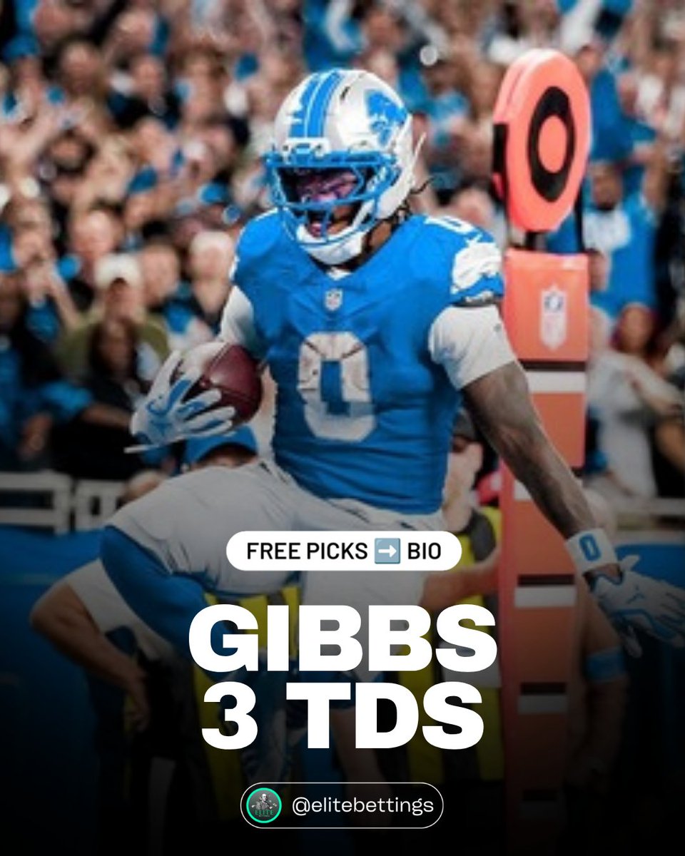 EliteBettings's tweet photo. 🚨 Gibbs passes Billy Sims with a 3-TD day

2 rushing TDs and the go-ahead 11-yard catch in a 31-24 win over the Jets. 43rd career rushing score, 2nd in Lions history (https://t.co/X5T0penByX).

🎁 1st pick FREE - code "100X"
https://t.co/Eucq8FEZKc

#NFL #NFLPicks #FreePick https://t.co/hZW4g0Gj3f