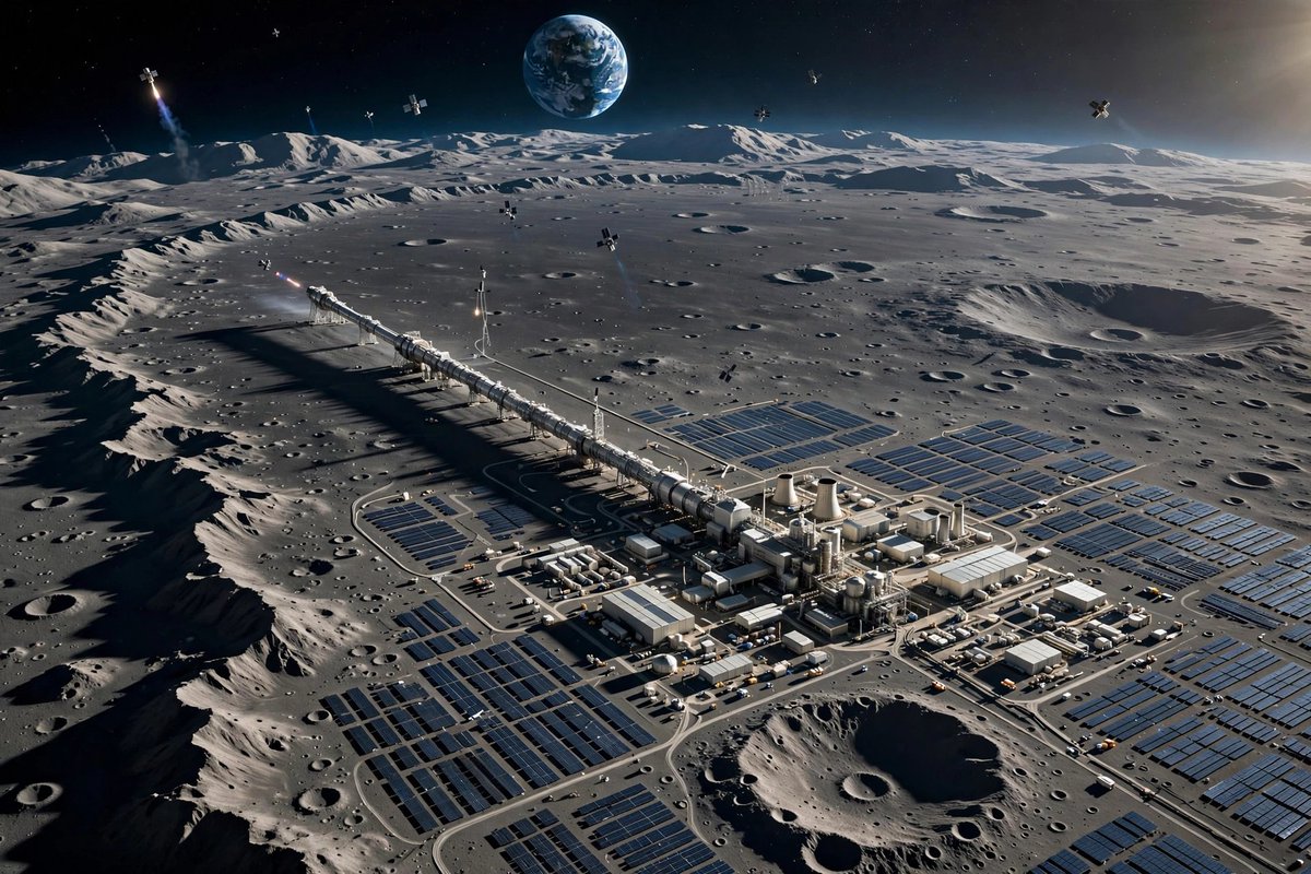 Stanton_Werks's tweet photo. Here you go, 
Manufacturing complex in the foreground with solar fields for power, then the long electromagnetic tube running out to the crater rim. That's the scale problem - to keep g-forces survivable for satellites you need kilometers of straight, precisely aligned track. The factory makes them, the tube does the $0.5 m v^2$ work electrically, no propellant needed.