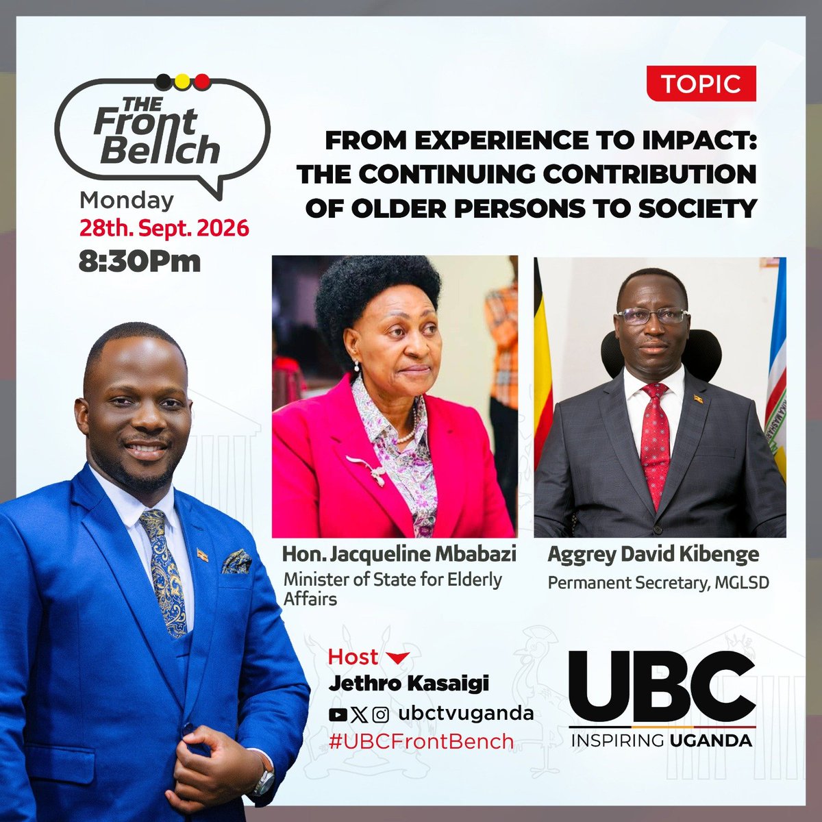 Mglsd_UG's tweet photo. In a short while, @JacqueMbabazi, Minister of State for Elderly Affairs and @AggreyKibenge , Permanent Secretary, @Mglsd_UG will be live on @ubctvuganda on issues pertaining to older persons. Join the conversation, as 🇺🇬 prepares to commemorate the International Day of Older Persons on Thursday,  Oct 1. Join the conversation.