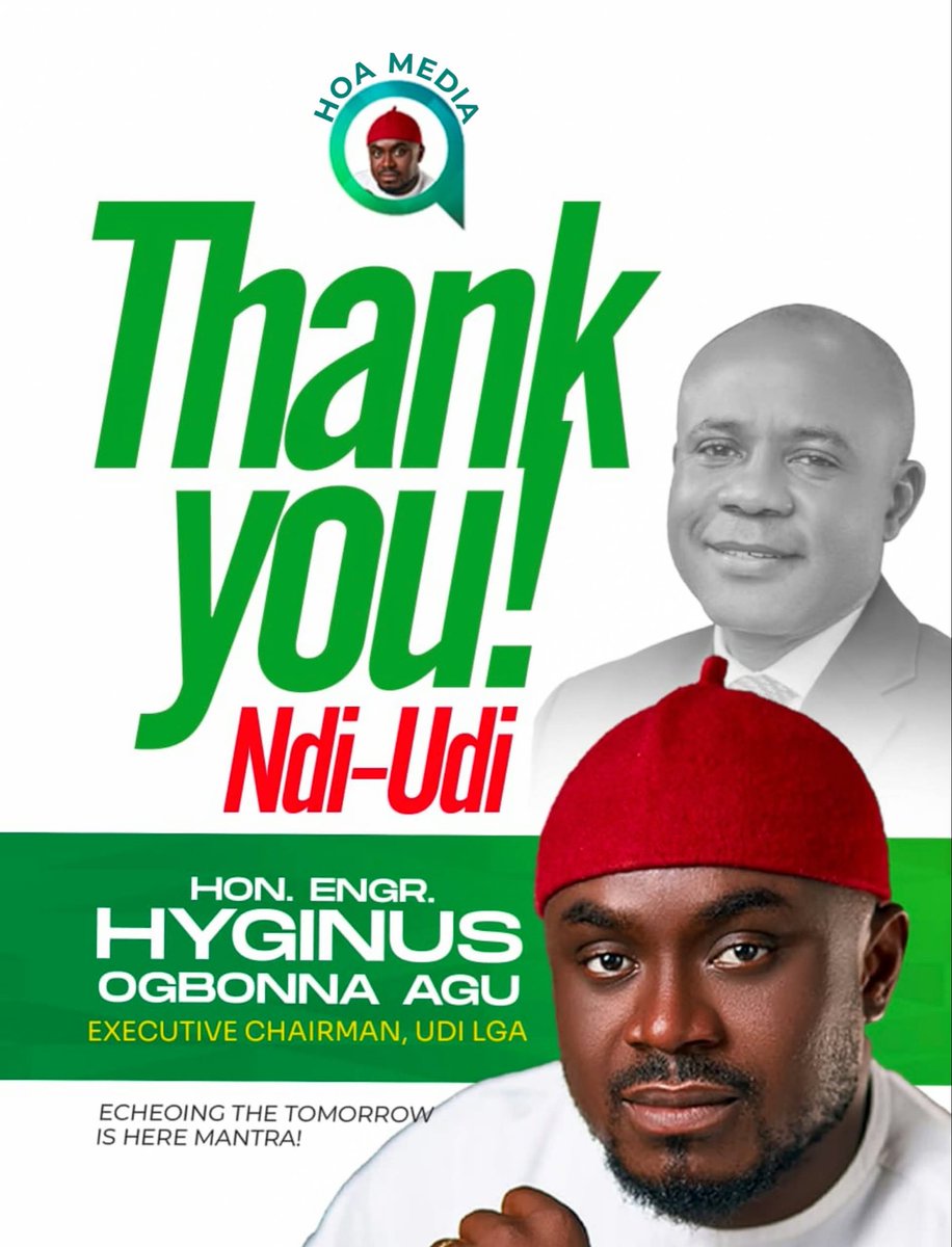 HyginusAgu12413's tweet photo. After being declared winner of the chairmanship election and receiving my Certificate of Return on Sunday,  27th of September, I thank Ndi Udi for the votes you gave me and for the trust and confidence you reposed in my leadership. Your overwhelming support remains a clear demonstration of the bond we share and the progress we continue to build together. I am proud and humbled to continue serving you.

I also express my profound appreciation to the Enugu State Independent Electoral Commission (ENSIEC) for conducting a credible and orderly election. I sincerely thank the All Progressives Congress (APC) for the solid platform and collective effort that made this victory possible.

Special gratitude goes to His Excellency, Dr. Peter Ndubuisi Mbah, for his fatherly support, guidance, and the enabling environment that continues to drive development across Udi and Enugu State.

I equally congratulate all the elected Councillors. I commend Ndi Udi for the peaceful atmosphere and for following the laid-down rules throughout the election process.

Together, we shall continue to serve our people with dedication.

Tomorrow Is Here!!!

~ HOA