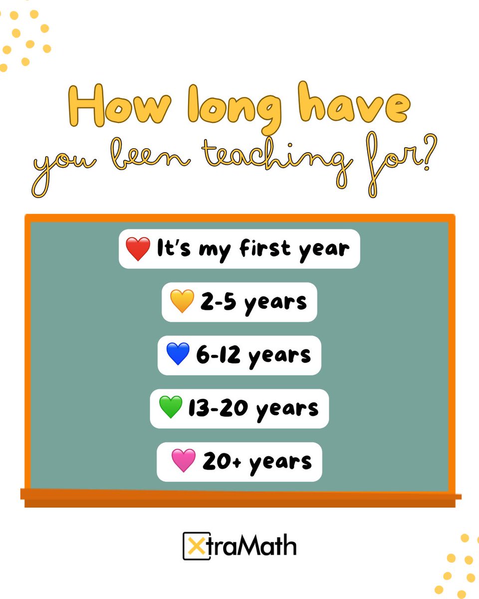 XtraMath_US's tweet photo. 📣Teachers, we want to know!
How long have you been teaching for?

Comment your emoji below! 
❤️First year
💛2-5 years
💙6-12 years
💚13-20 years 
🩷20+ years https://t.co/PSsbb2WRMZ