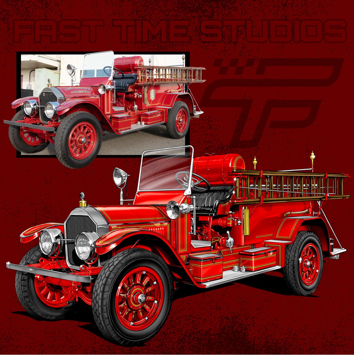 FastTimeStudios's tweet photo. Not just race cars are being drawn over here. This is a classic fire truck that was done for the Fort Bragg Fire Department earlier this year. 
Original photo added so you can see the transition to the illustrated version. https://t.co/ByHWxOl59t