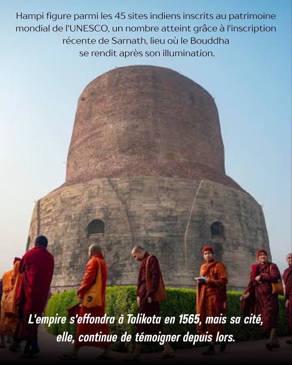IndiaembFrance's tweet photo. Entre le XIVe et le XVIe siècle, Hampi, dans le Karnataka, fut la capitale de l'Empire de Vijayanagara ; les voyageurs portugais et persans la comptaient alors parmi les villes les plus magnifiques au monde.

Ses 42 km² de ruines, répartis entre une cité sacrée et une cité royale, abritent encore le temple de Virupaksha — lieu de culte depuis le VIIe siècle —, les piliers musicaux du temple de Vitthala ainsi que des ouvrages hydrauliques très en avance sur leur temps.

Hampi figure parmi les 45 sites indiens inscrits au patrimoine mondial de l'UNESCO, un nombre atteint grâce à l'inscription récente de Sarnath, lieu où le Bouddha se rendit après son illumination.

L'empire s'effondra à Talikota en 1565, mais sa cité, elle, continue de témoigner depuis lors.