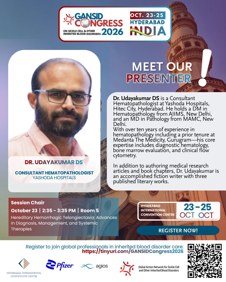 IBloodDisorders's tweet photo. At #GANSIDCongress2026, Dr. Udayakumar DS will chair “Hereditary Hemorrhagic Telangiectasia: Advances in Diagnosis, Management, and Systemic Therapies.”

📅 Oct 23–25 | Hyderabad, India
🔗 https://t.co/VwB9wltIy0

#HereditaryHemorrhagicTelangiectasia #InheritedBloodDisorders https://t.co/oZ4uRgq6U6