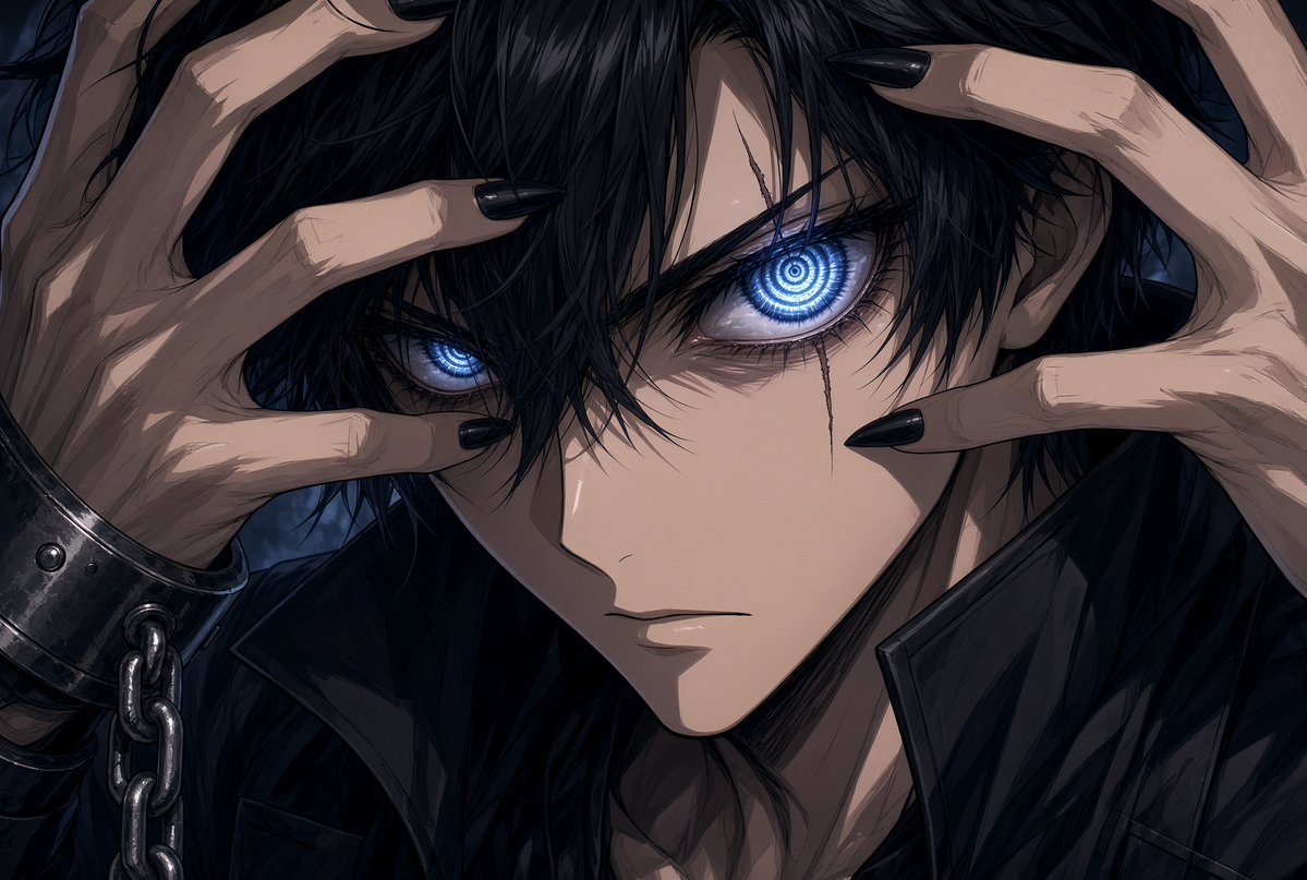 ArtistNerd01's tweet photo. Made a new prompt for you beautiful people:
Use the provided character sheet as strict reference for appearance, hair, clothing, colors, and accessories. Close-up anime portrait, face filling the frame, slightly low angle. Match the character’s face, hair, and outfit from the sheet. One large hypnotic eye is the focal point: convert the character’s original eye color into a glowing spiral iris with tight concentric rings, sharp black lashes, and a piercing stare. Pale hands with long glossy nails frame the face from above, fingers spread like a window pulling hair aside. Second eye partially visible and also spiral. Keep all clothing, collar, chains, and details from the sheet. Intense, slightly sinister hypnotic expression. Dramatic high-contrast lighting with a soft glow radiating from the spiral eye (glow color matches the eye), sharp clean linework mixed with painterly shading, detailed anime illustration style, vibrant colors, high detail.

Negative prompt
deformed hands, extra fingers, missing fingers, extra eyes, extra limbs, mutated hands, blurry, low quality, worst quality, jpeg artifacts, watermark, text, signature, photorealistic, 3d render, western cartoon, chibi, smile, happy expression, closed eyes, different clothing, missing collar, missing chains, distorted face, asymmetrical face, poorly drawn hands, fused fingers, too many nails, extra hair covering the eye
Prompt end
I might tweak it some more. Grok is being a little difficult with this one 
#aiart #aiartists #aianime