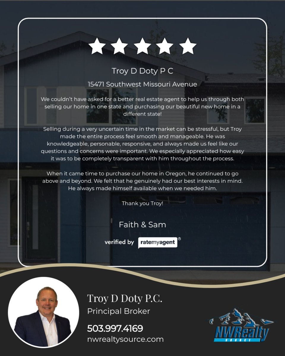 TroyDDoty's tweet photo. Thanks to my clients for their kind words. Here's a recent review from a Buyer in Tigard.

Listing courtesy of Northwest Realty Source #troydotyrealtor #portlandrealtor #portlandrealestateagent #portlandrealestate #northwestrealtysource #nwrealtysource #portlandveteranhomes https://t.co/pfGr973Cp6