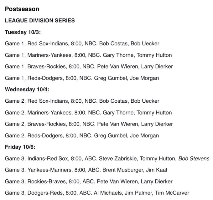ZeigerDan's tweet photo. Once again: We did what you’re asking, in 1995. *Everyone* hated it — one of many reasons the *entire TV package* at the time was thrown in the trash; the new agreement called for staggered #MLBPostseason weekday starts. I’m begging people to put more thought into these takes. https://t.co/1akX16uz76