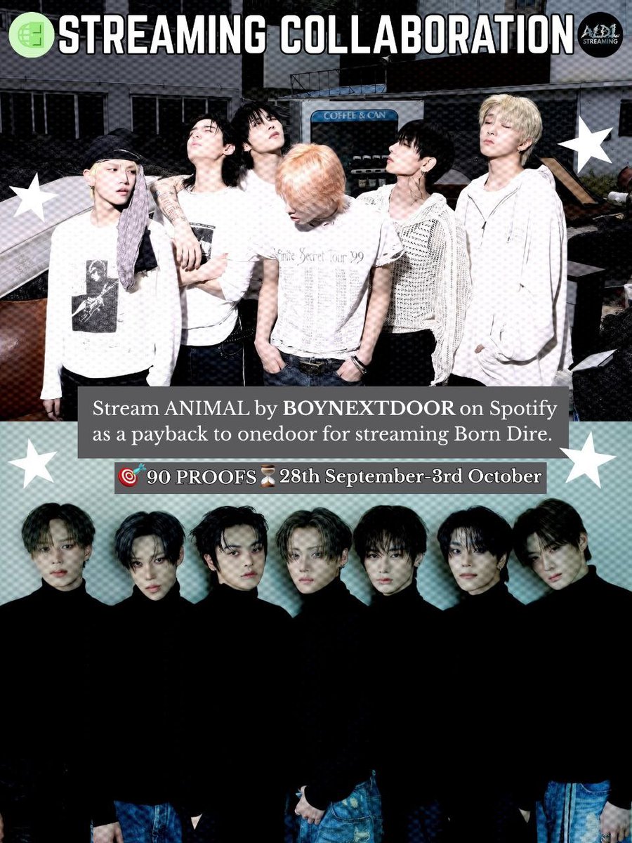 ald1_streams's tweet photo. 📢STREAMING COLLABORATION

Hello allyz! ONE DOOR actively streamed ALD1’s Born Bire and It’s time to give back and stream Boy Next Door’s new song ‘ANIMAL’ on Spotify. 

Instructions:
✅Please stream the song from beginning to the end and capture screenshots that clearly show the time.
✅Add a watermark to your screenshots
✅Drop them under the replies below! 
✅You can stream more than once 
-Make sure you follow the instructions for the proofs to count. 

🎯: 90 streams
⏳: 28th September - 4th October 
🔗: https://t.co/JHkaE6UAUl

Use the tag #ONEDOORxALLYZunite to post your proof. Let’s goo allyzzz🎊🎊
Special thanks @BND_GL0BAL for the collab♥️

#ALPHADRIVEONE #ALD1 #ALLYZ
#BOYNEXTDOOR #BND #ONEDOOR