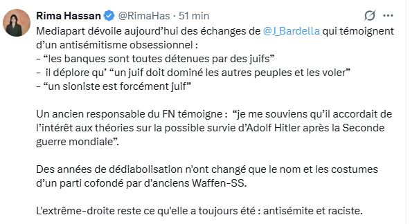 Sarahsa09309757's tweet photo. Et pour finir sur le comble de l’absurde : Rima Hassan qui traite Jordan Bardella d’antisémite.
Cette Syrienne est née avant la honte. https://t.co/aShEcHQBUh