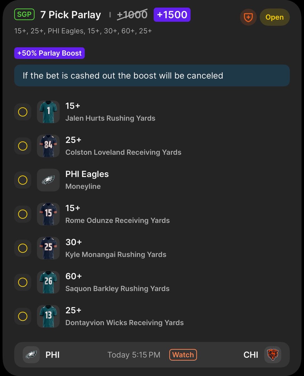 TopShelfSP's tweet photo. MNF 7-Leg Parlay on DraftKings w/ 50% Parlay Boost 🚀

🏈 Jalen Hurts 15+ Rush Yds
🏈 Colston Loveland 25+ Rec Yds
🏈 Philadelphia Eagles ML
🏈 Rome Odunze 15+ Rec Yds
🏈 Kyle Monangai 30+ Rush Yds
🏈 Saquon Barkley 60+ Rush Yds
🏈 Dontayvion Wicks 25+ Rec Yds https://t.co/RTbqS8LsID