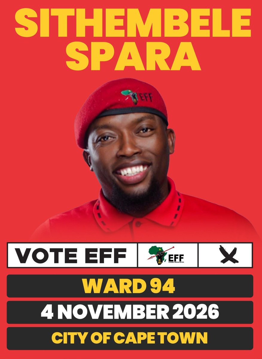 Cde_MM_Mandela's tweet photo. I know this Fighter personally, and this campaign means something to me beyond a poster or a political slogan. Last year, during the birthday of the Economic Freedom Fighters, @SithembeleRush and I were together on the ground putting up EFF posters. When the work was done, we were also there taking them down together. That is what organisational loyalty looks like to me. You do the work when there are cameras, and you do the work when nobody is watching.

Today, I see my brother and fellow Fighter standing as one of our candidates in Ward 94. He comes from Khayelitsha, a community that knows the hard realities of life in Cape Town. Unemployment, poverty, housing struggles, safety concerns, inadequate services and a lack of opportunities are not political talking points for the people living these realities. They are everyday life.

Khayelitsha has hardworking people who wake up every morning and fight to survive. Young people with dreams but too few opportunities. Families trying to build decent lives under difficult circumstances. Communities demanding proper services, safety, housing and dignity.

That is why the campaign cannot only be about election day. It must be about being on the ground with the people, listening to them and understanding their pain. It must be about Fighters who are prepared to work, organise and stand with their communities.

Sithembela, we have put up the posters together. We have taken them down together. We have stood with the EFF together. And we remain here. We will remain here. We are Fighters of the EFF, and we will continue serving the organisation we love.

Now the work continues. Khayelitsha must be heard. Ward 94 must be heard. The people of Cape Town must be heard.

By the way, I saw you bimbing Nkosi Sikele! I’m still not sure where Leader @SixoGcilishe was.