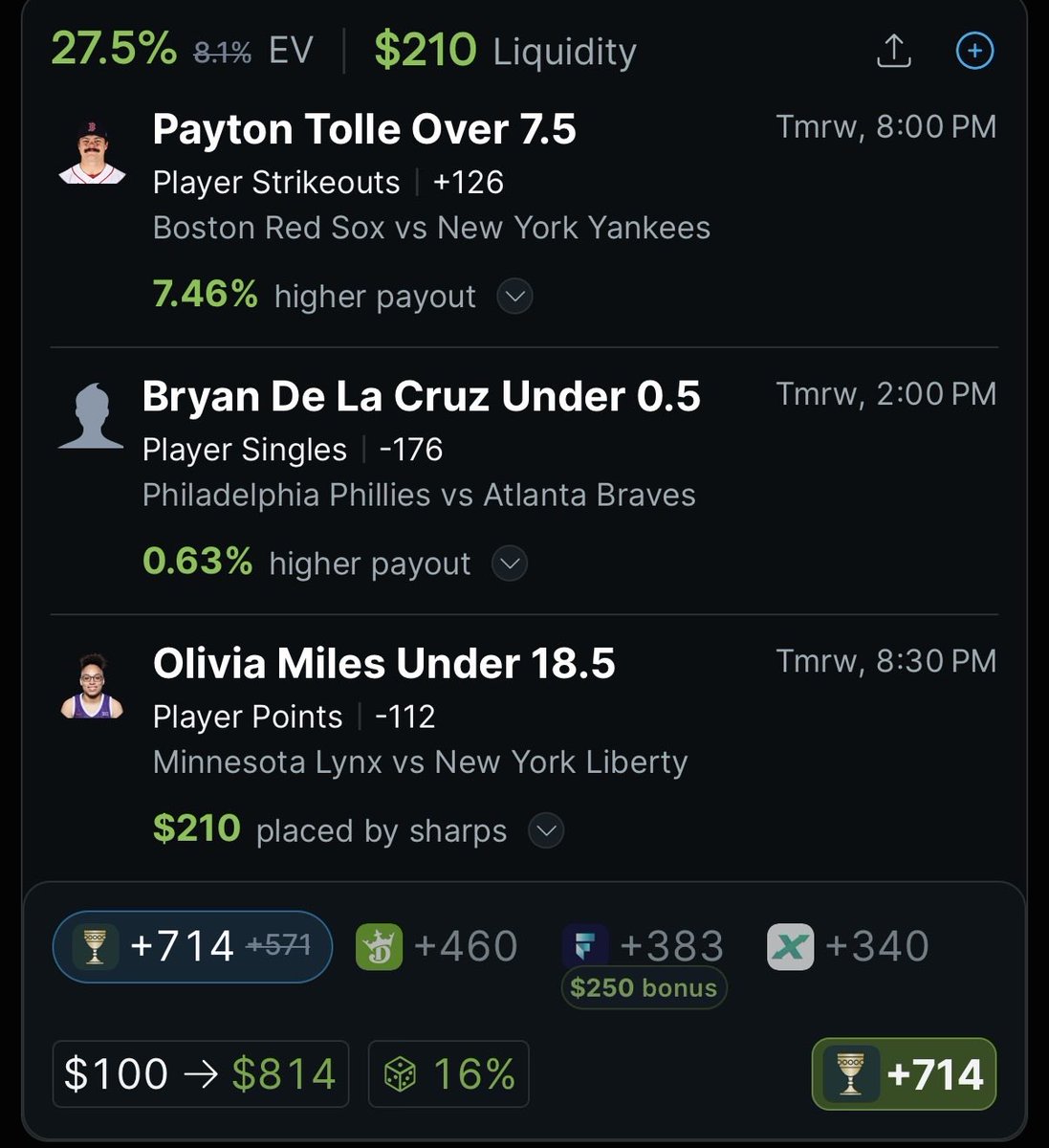 EVParlay's tweet photo. The @OddsJam Parlay tool allows you to add a boost to already Positive EV or Sharp Money legs. ⚡️ 

Using my 25% boot over at Caesars on this AMAZING VALUE! 🎯 

🔗 Check out this OddsJam parlay!
https://t.co/UXSw3vG9ow https://t.co/mHNCVC3q0m