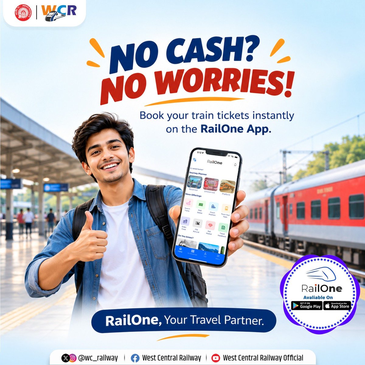BhopalDivision's tweet photo. Book your railway tickets conveniently online through the RailOne app, quick, easy, and hassle-free. 
Skip the queue and enjoy a seamless ticket booking experience.
#RailOne #IndianRailways #DigitalIndia #RailTravel @RailMinIndia @wc_railway @gmwcrailway @drmkota @drmjabalpur @PMOIndia