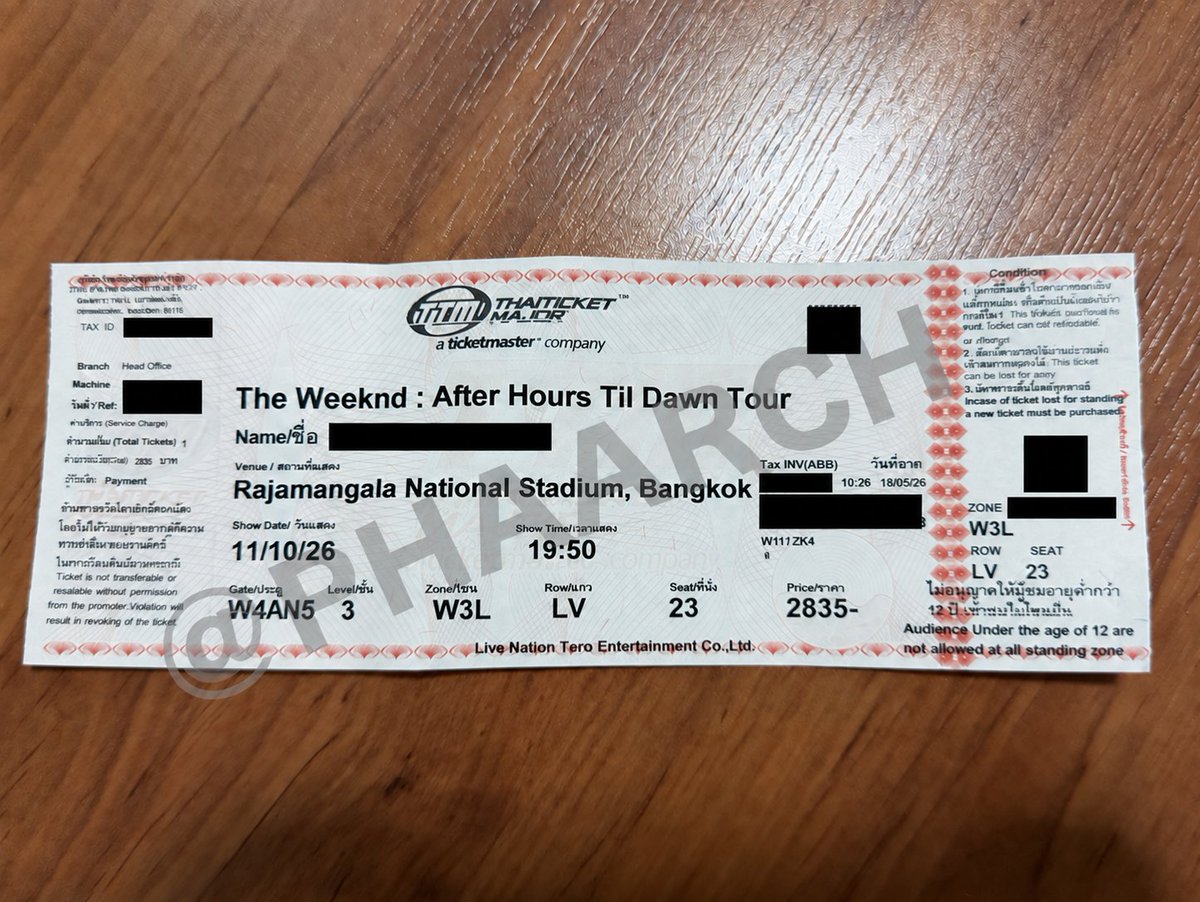 PHAARCH's tweet photo. ปล่อยบัตรวันอาทิตย์ที่ 11  
Zone W3L Row LV Seat 23  
2,600.- มี 1 ใบ อยากนอนอยู่บ้านแทนขี้เกียจไปแล้ว 

นัดรับ BTS MRT ในเขตกรุงเทพ 

#AfterHoursTilDawnTourBKK #TheWeekndLiveInBangkok #TheWeeknd https://t.co/6c5JGSxtuc