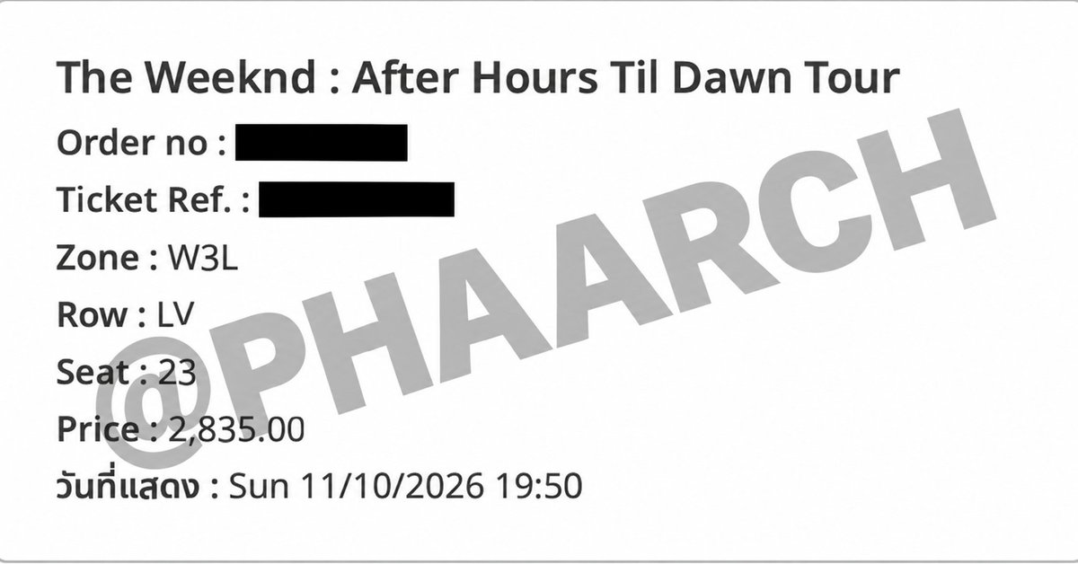 PHAARCH's tweet photo. ปล่อยบัตรวันอาทิตย์ที่ 11  
Zone W3L Row LV Seat 23  
2,600.- มี 1 ใบ อยากนอนอยู่บ้านแทนขี้เกียจไปแล้ว 

นัดรับ BTS MRT ในเขตกรุงเทพ 

#AfterHoursTilDawnTourBKK #TheWeekndLiveInBangkok #TheWeeknd https://t.co/6c5JGSxtuc