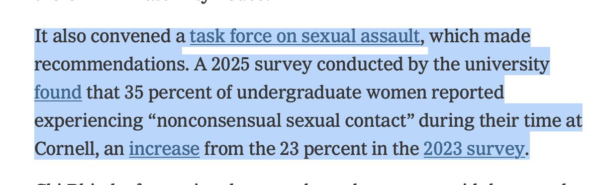 Amy_Siskind's tweet photo. ONE-THIRD of Cornell women!

From the NYT, *finally* reporting on the Cornell gang rape today. 

This is shocking!  And for those dismissing the importance of this assault as some variety of 'this has always happened,' NO!

When more than ONE-THIRD of your undergraduate women - 35%! - report "nonconsensual sexual contact," it's a fucking CRISIS!  Do something @Cornell!

Gifted article: https://t.co/4ohT7zIye4