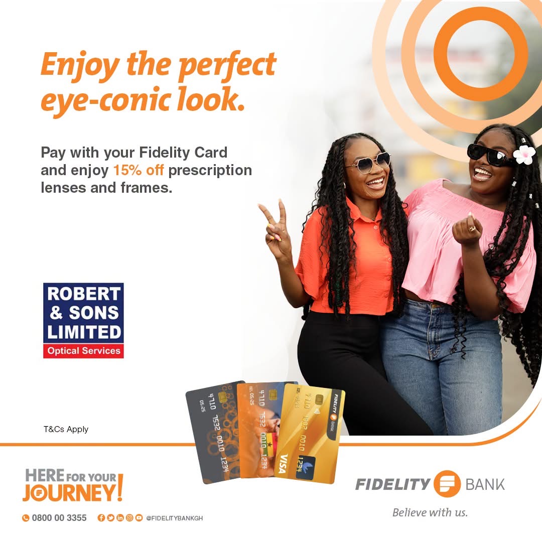 Robertnsonsltd's tweet photo. See better. Look better. Spend less.
Enjoy 15% off prescription lenses and frames at Robert & Sons when you pay with your Fidelity Card.
Your perfect pair just got more rewarding.
#RobertAndSons #FidelityBankGhana #FidelityCards #EyeCare #Eyewear #SeeBetterLookBetter https://t.co/InBk54WHVb