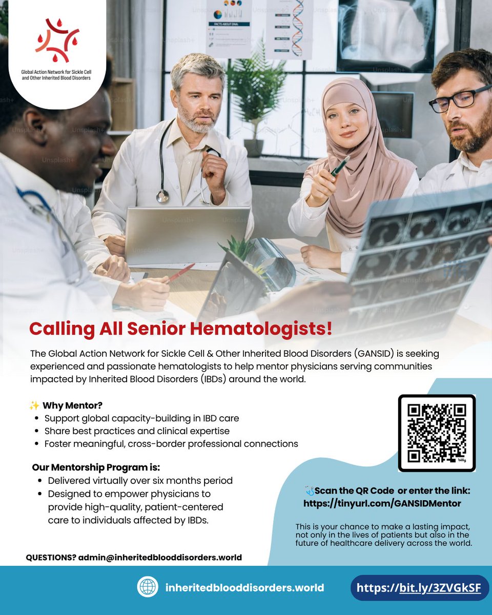 IBloodDisorders's tweet photo. Senior Hematologists — your expertise can help transform inherited blood disorder care worldwide.
Support physicians through global collaboration, knowledge sharing, and mentorship.

🔗 Apply today: https://t.co/HOhV7JOKzM

#GANSIDMentorship #Hematology #InheritedBloodDisorders https://t.co/owEGL4qxUk