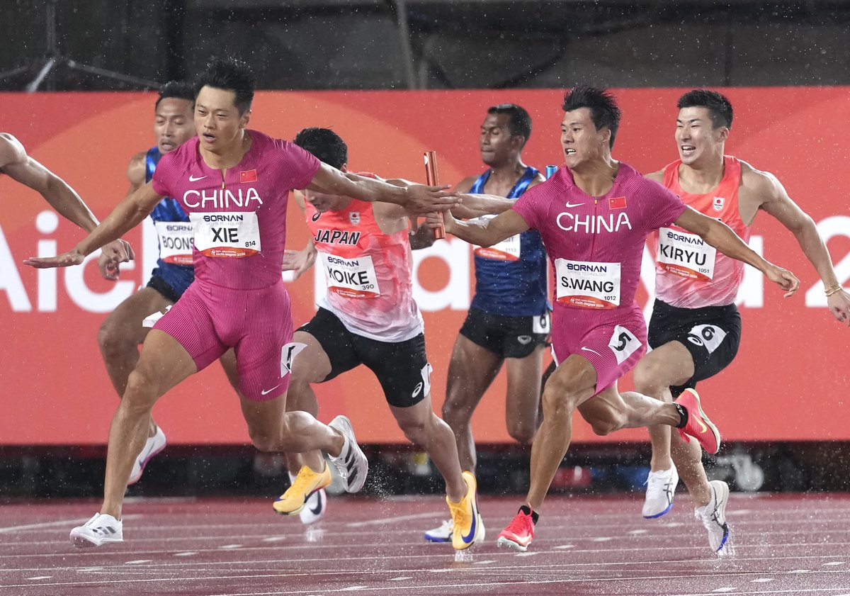 ChinaDaily's tweet photo. China swept the men's and women's 4x100m relay titles on Day 9 of the 2026 Asian Games on Monday, while wrapping up the table tennis competition with six of the seven gold medals. https://t.co/W5qyHLk1He